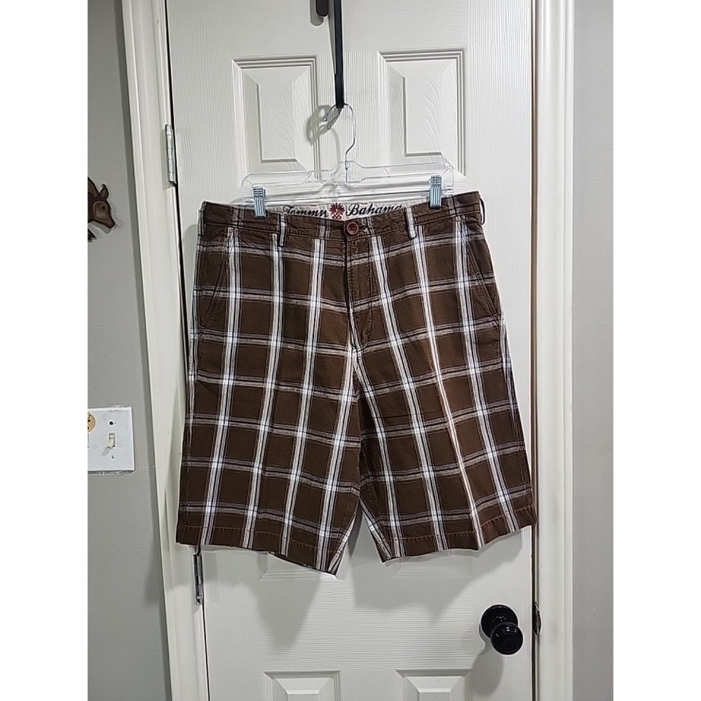 Tommy Bahama Paradise Nation Shorts Mens 36 Brown Plaid Linen Cotton Flat Front